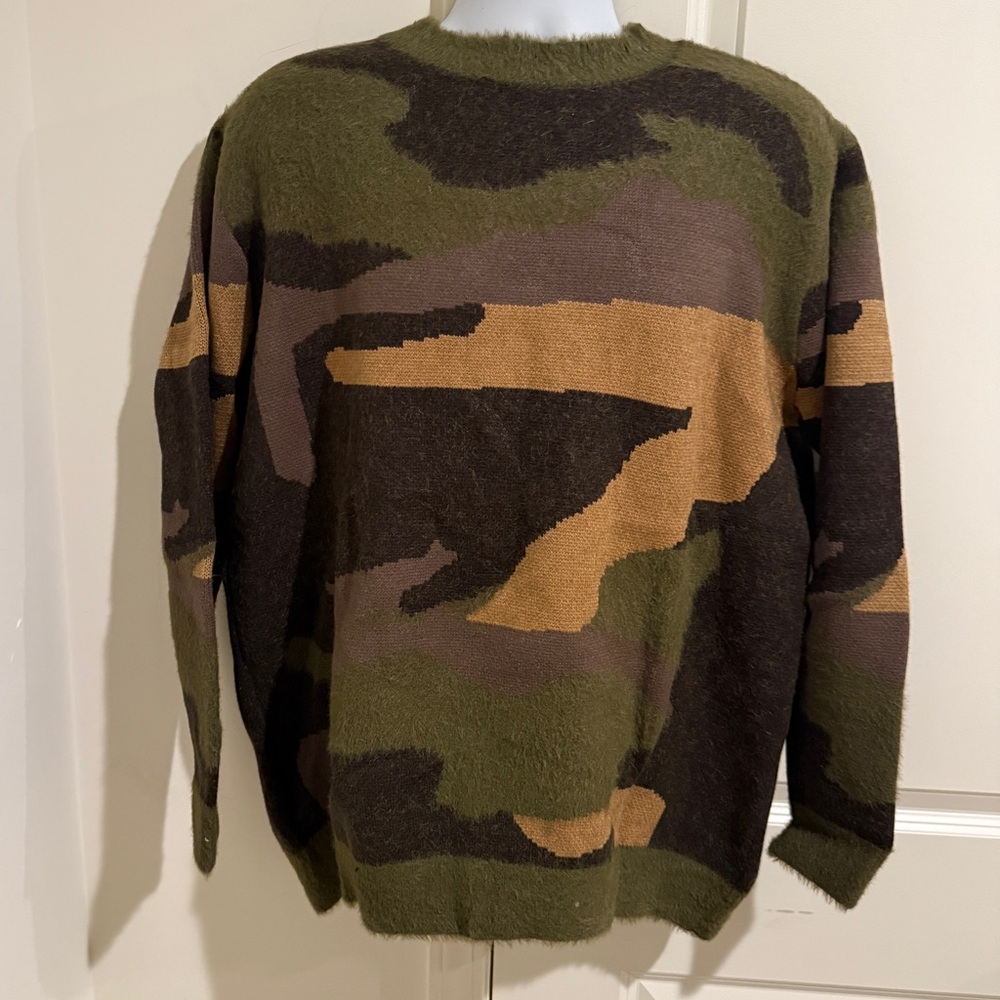 MNM Couture Green and Brown Camouflage Crewneck Sweater